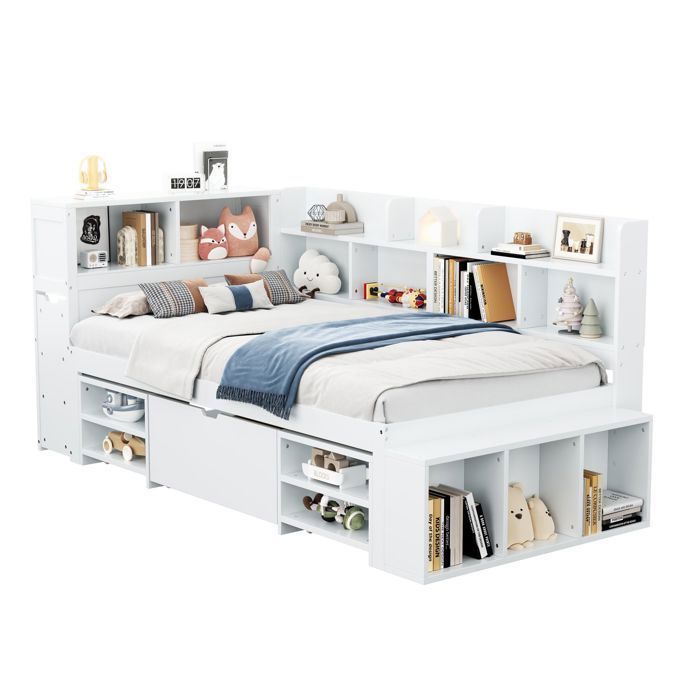Lit enfant 90x200 cm - Lit Combiné avec Rangement et Bibliothèque Lit avec Tiroirs Blanc Sans Matelas