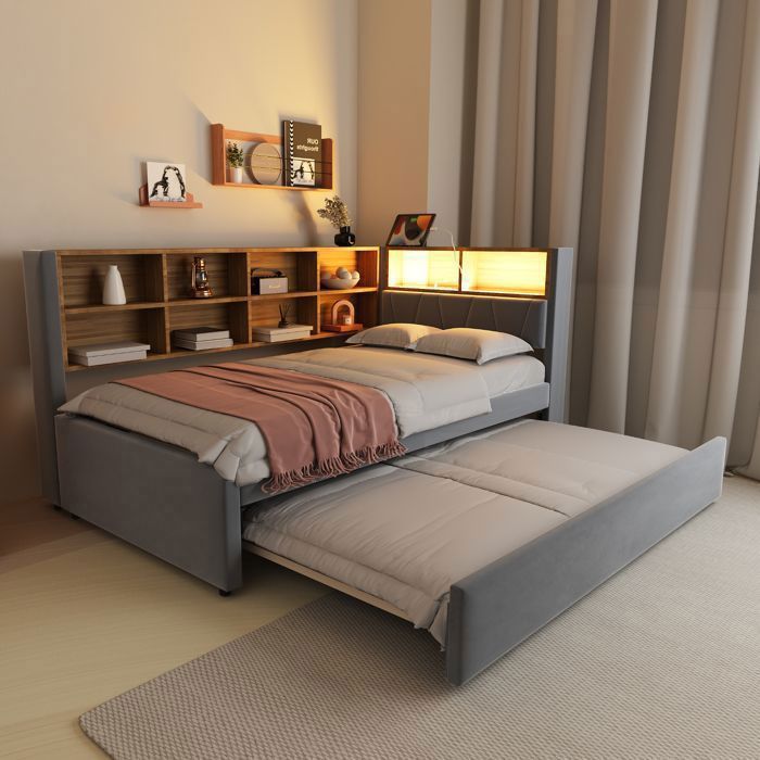 Lit gigogne - MERAX - Lit multifonction LED & USB - 2 couchages - Flanelle gris - Avec tiroir Lit gigogne - MERAX - Lit multifonction LED & USB - 2 couchages - Flanelle gris - Avec tiroir