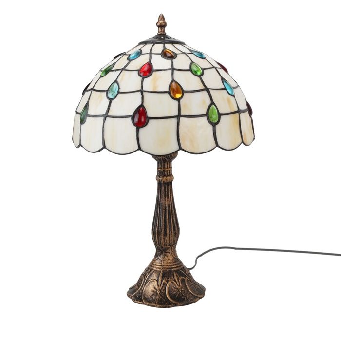 Lámpe de Table Valentina – Style Tiffany Rétro avec Vitraux Baroques Blancs et Base en Alliage Ø30cm
