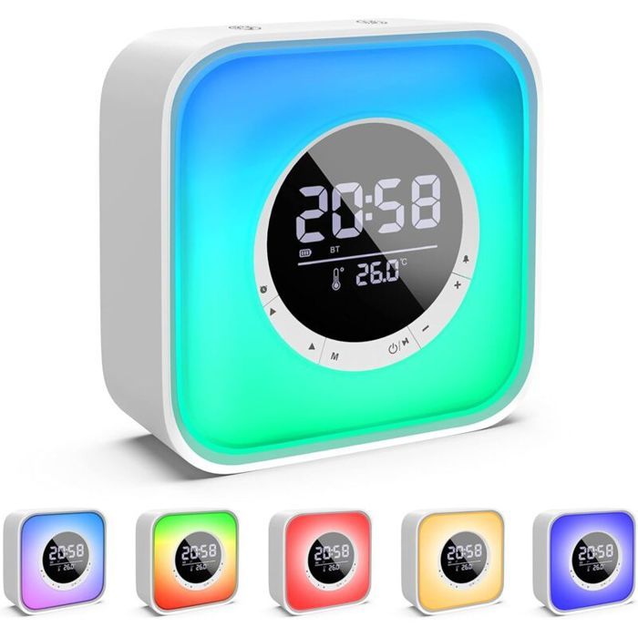 Réveil lumineux multifonction - PZCC - Multifonction - Enceinte Bluetooth 5.0 - Lampe LED 10 couleurs - Radio FM