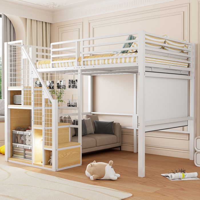 Lit mezzanine en métal avec espace de rangement lit superposé enfant 140×200cm équipé de barrières de sécurité lit simple blanc.