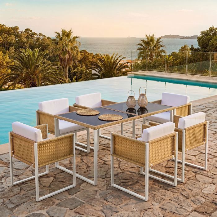 Ensemble table et chaises de jardin polyrotinensemble repas de jardin 6 personnesfauteuilshousses en tissu amovibles et lavables
