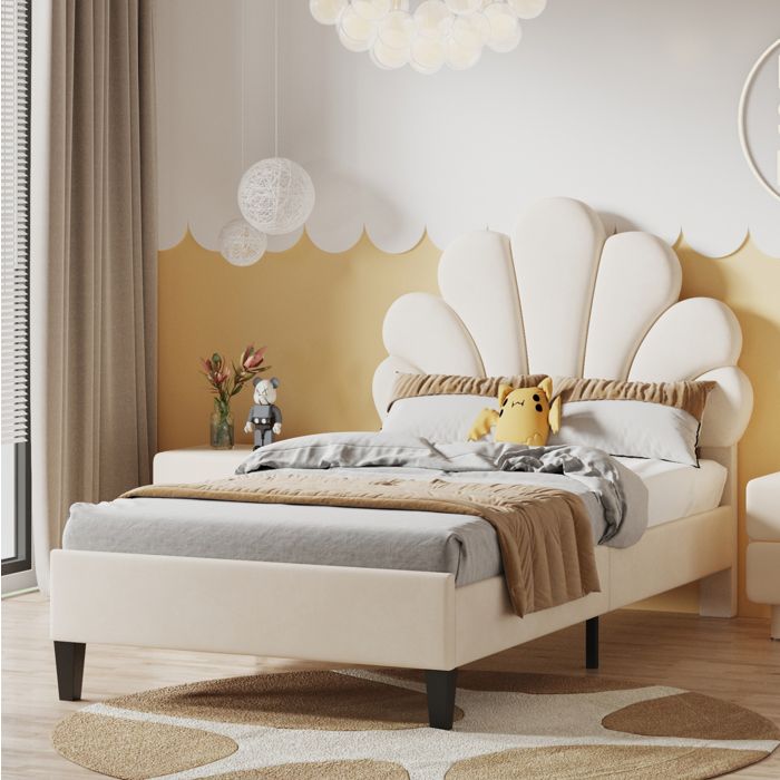 Lit enfant rembourré beige 90 × 200 cm avec tête de lit fleur