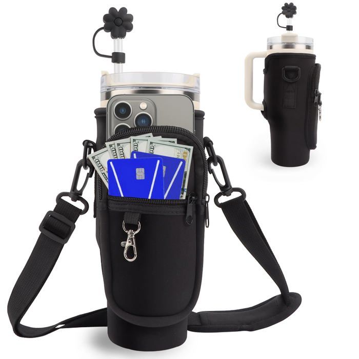 Pochette Bouteille Eau pour 40oz Cupavec Sangle Ajustable et Poche pour TéléphonePorte Gourde Sac à Dos avec Couverturenoir