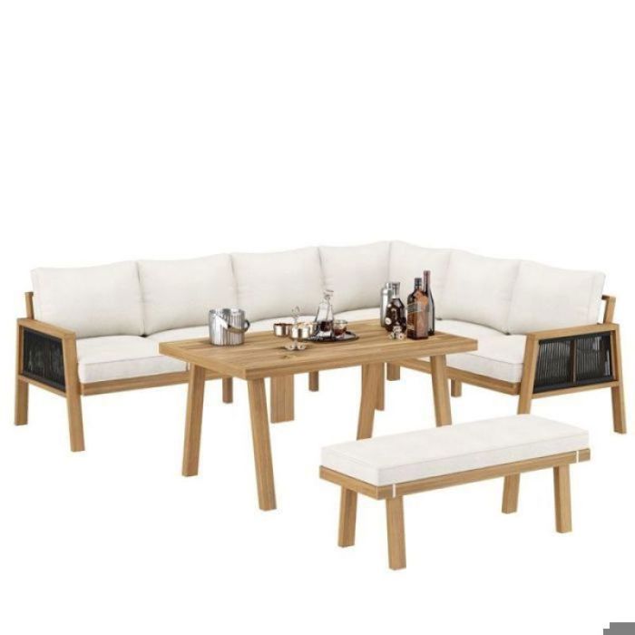 Salon bas de jardin en bois d’acacia – canapé d’angle 6-7 places avec table basse cordage tressé naturel crème