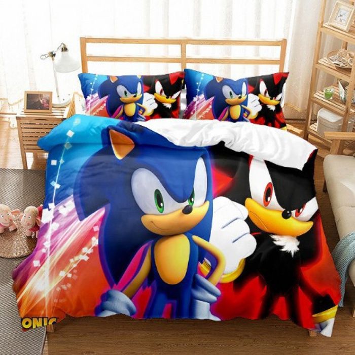 Parure de lit Sonic 3D 140×200cm housse de couette + 2 taies 65×65cm polyester