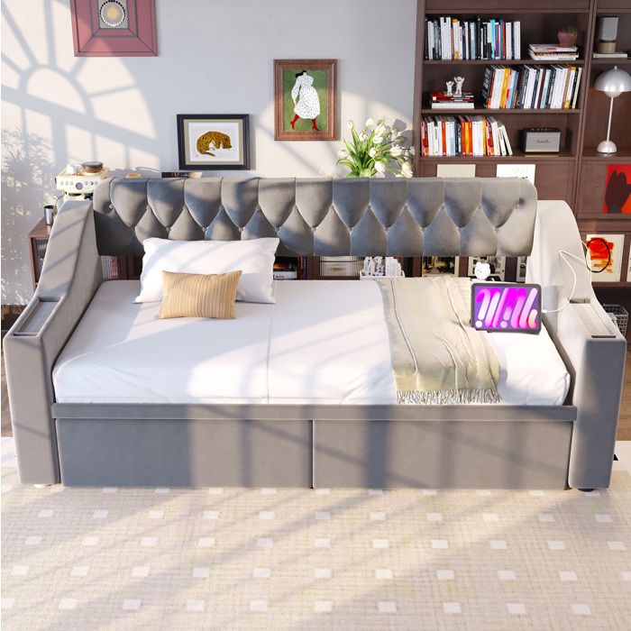 Canapé lit 90x190 cm EVRYAE - accoudoirs avec rangement USB et port de charge 2 tiroirs - Velours - Gris clair