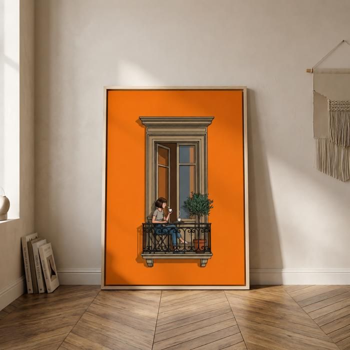 Tableau toile illustration fenêtre balcon orange-Décoration murale minimaliste et moderne-cadre flottant