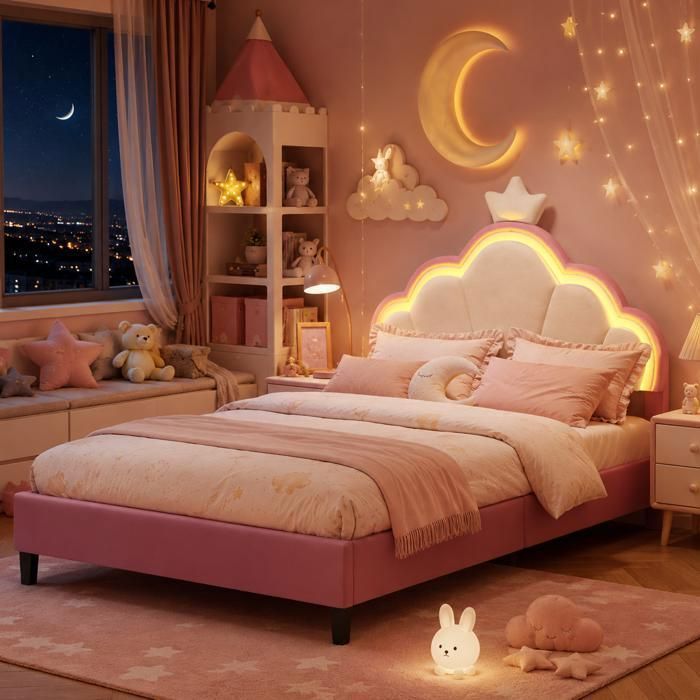 Lit Enfant 90x200 cm avec Sommier - Lumière LED - Lit Fille avec Tête de Lit Réglable en Hauteur - Décor Couronne - Velours - Rose