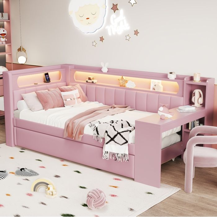 Lit Combiné Simple 90 × 200 cm avec Lit Gigogne 90 × 190 cm Bureau USB et LED 7 Couleurs Sans Matelas Rose - UVRION