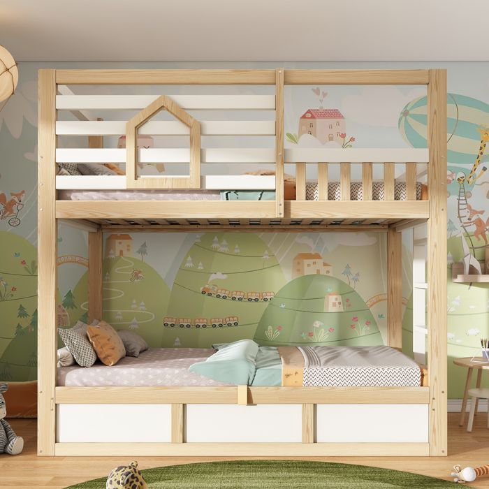 Lit superposé enfant 90x200 cm Lit cabane bois avec fenêtre - garde-corps - échelle droite - certifié EN747 - Chêne