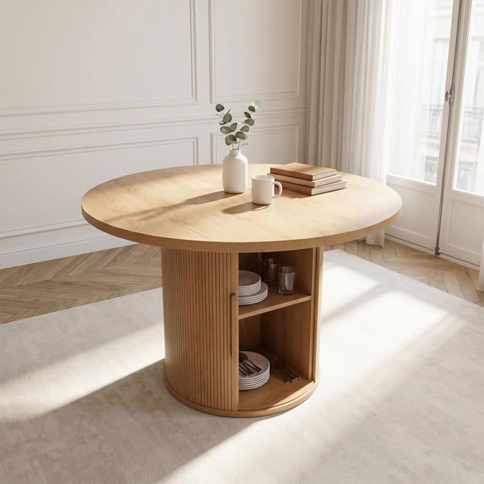JIEXI Table de salle à manger ronde avec socle cannelé et rangement table de 110 cm avec porte et étagères invisibles