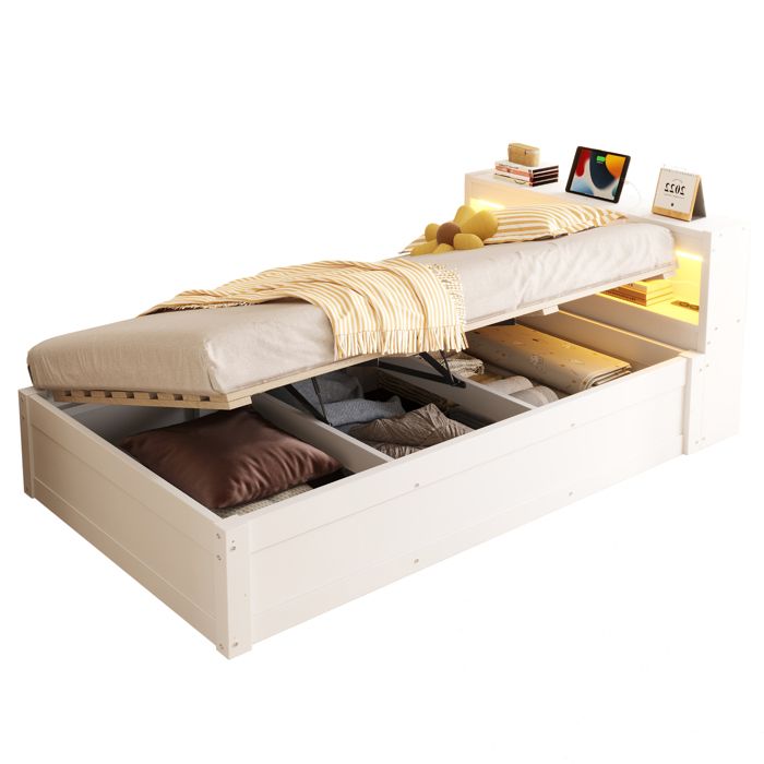 VLIVRA Lit Banquette Lit Simple Coffre Prise Intégrée LED et Rangements 90×200 cm sans Matelas - Blanc en Bois