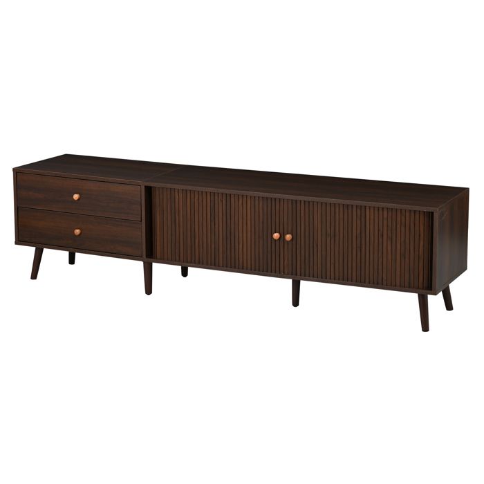 Meuble TV 180 cm en MDF effet noyer – 2 tiroirs 2 portes roulantes – jusqu’à 80 pouces
