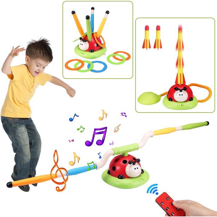 3 IN 1 Jeux Extérieur Enfant Kit : Lancer dAnneaux Fusée Jouet Saut Musical. Pour 3-9 Ans Fille Garçon Cadeau Anniversaire Noël.