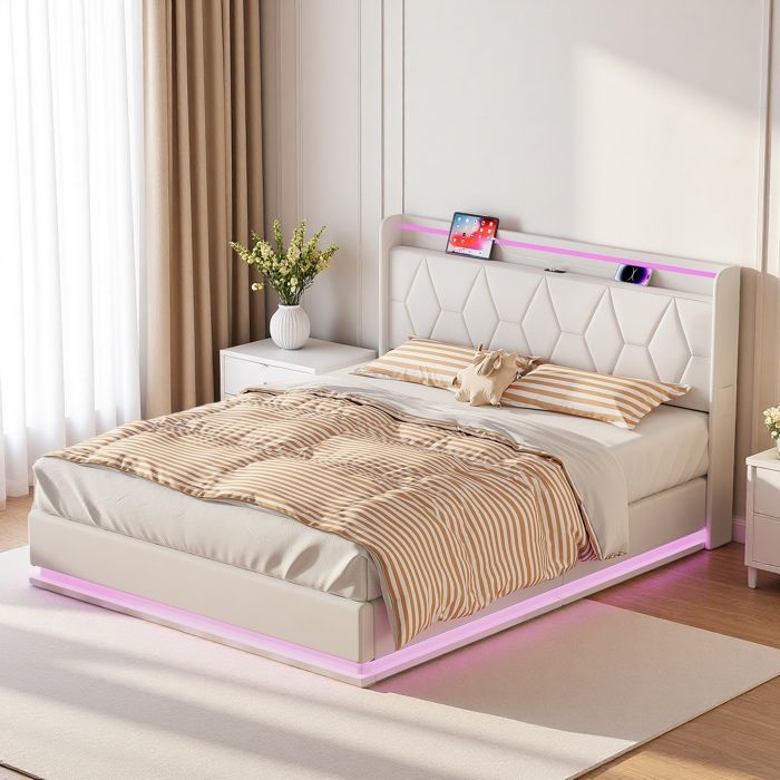 Lit double 160x200 cm en velours blanc avec LED 3 côtés tête de lit lumineuse port USB et rangement à vérin pneumatique