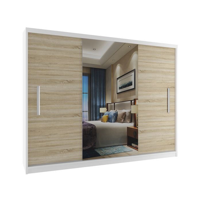 BELINI Grande Armoire 3 Portes Coulissantes VERONA ME 232 cm - Blanc / Chêne Sonoma - Miroir Intégré & Tringle - Chambre Adulte