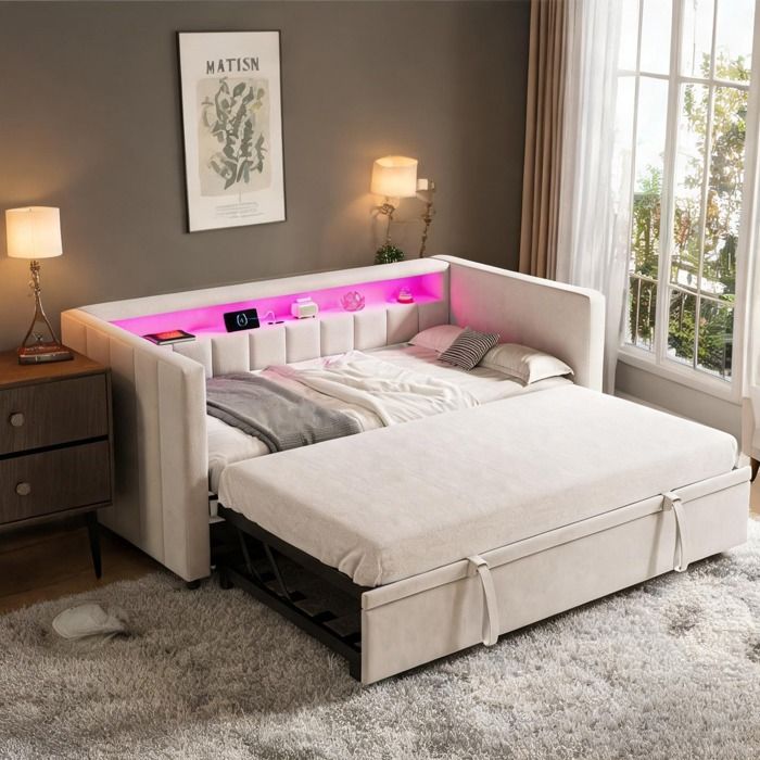Canapé-lit 3 places convertible 90x190 cm avec coffre USB-C et LED velours beige