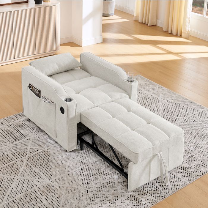 Fauteuil-lit 3-en-1 convertible avec USB et USB-C porte-gobelet inox dossier 3 positions - TCQPZ - tissu beige