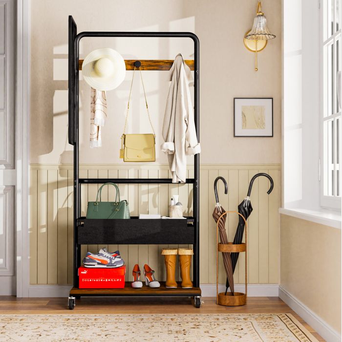 Meuble rangement dentrée 3-en-1 avec penderie miroir 70 cm panier tissu roulettes 70 x 40 x 170 cm ORVRYN