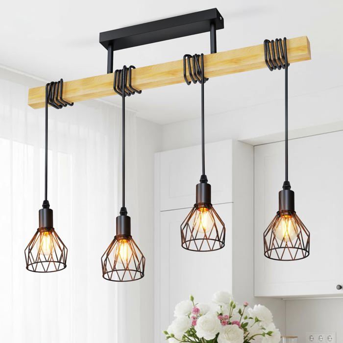 Lustre Salon E14 Noir naire Suspension Bois avec 4 Têtes Lustre E14-4 Spot Abat-jour Abat-jour en forme de filet-Version l LUSTRE