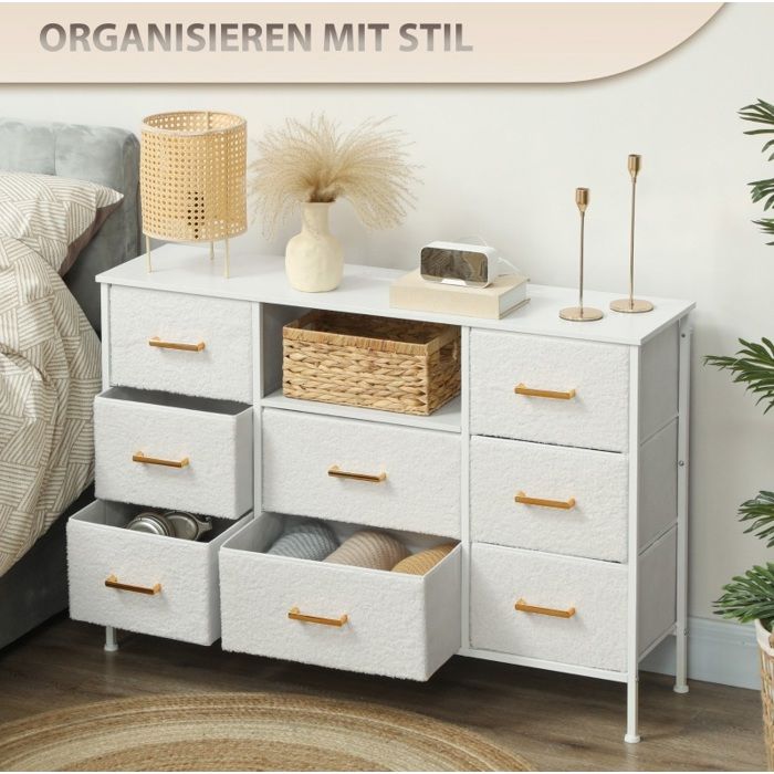 Commode 8 tiroirs en tissu AESVAR station de charge acier blanc crème 110 x 30 x 76 cm