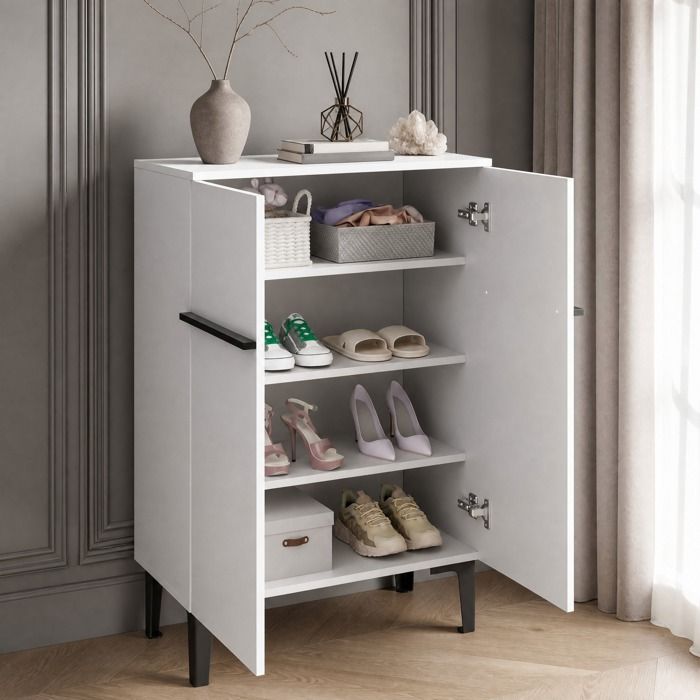 Meuble à chaussures double porte 95x60x34 5 cm avec étagères réglables blanc noir panneau de particules JOINERY