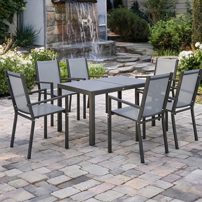 Gris Foncé Acier Garden Furniture Sets combining 59.1 x 35.4 x 28.7 in and Ensemble repas extérieur 6 personnes empilable table