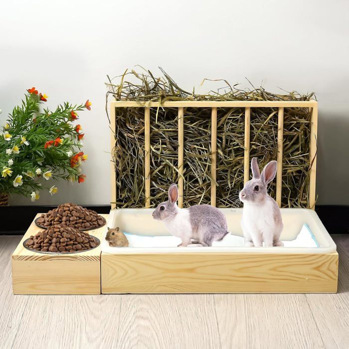 Mangeoire À Foin 3 En 1 Pour Lapin Avec Bac À Litière Et Bols À Nourriture En Bois Pour Petits Animaux De Compagnie - Mangeoire À F