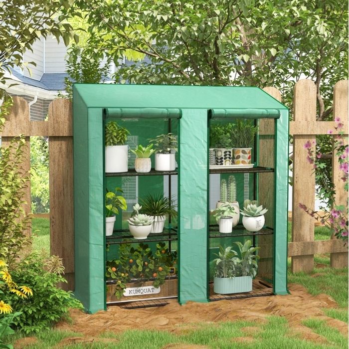 Mini serre de balcon rectangulaire verte en acier 3 niveaux 6 grilles métalliques 2 portes enroulables