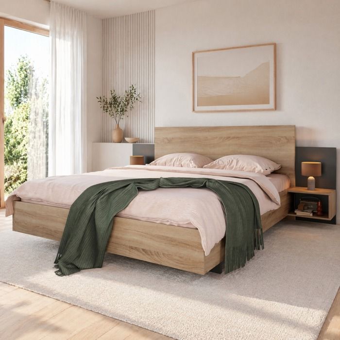 Lit double 160 x 200 cm avec 2 tables de chevet intégrées - Chêne Sonoma et Gris foncé - Sommier à lattes inclus