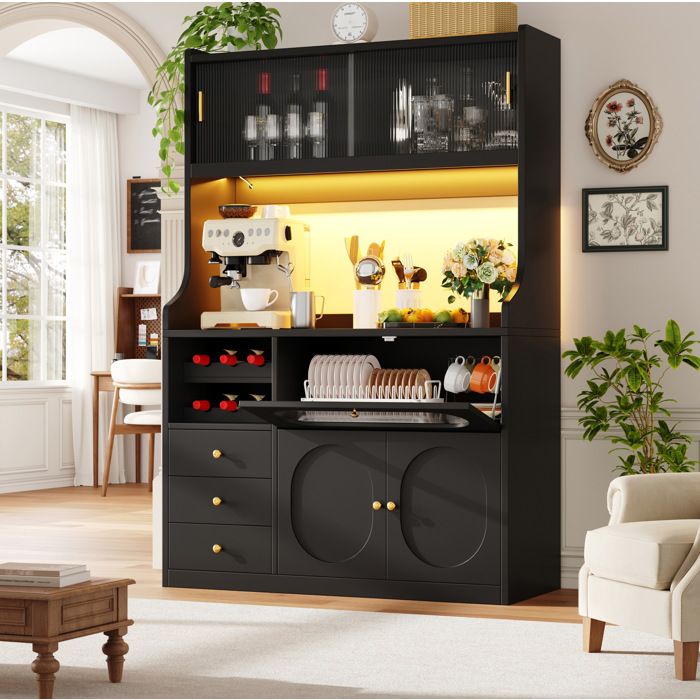 WOVREO Colonne de cuisine 120 x 40 x 180 cm LED RGB portes vitrées coulissantes 3 tiroirs noir mat WOVREO Colonne de cuisine 120 x 40 x 180 cm LED RGB portes vitrées coulissantes 3 tiroirs noir mat