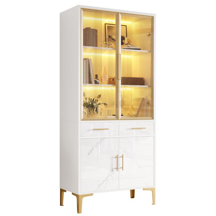 Armoire haute vitrine buffet portes vitrées LED APP laqué brillant effet marbre 2 tiroirs pieds métal salon salle à manger