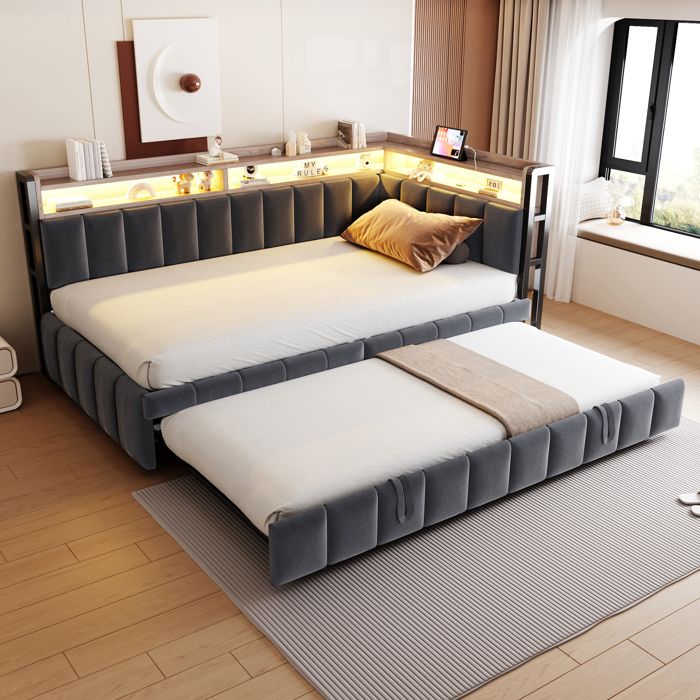 Canapé-lit 90x200 cm convertible en lit double LED USB et Type-C rangements velours gris foncé sans matelas