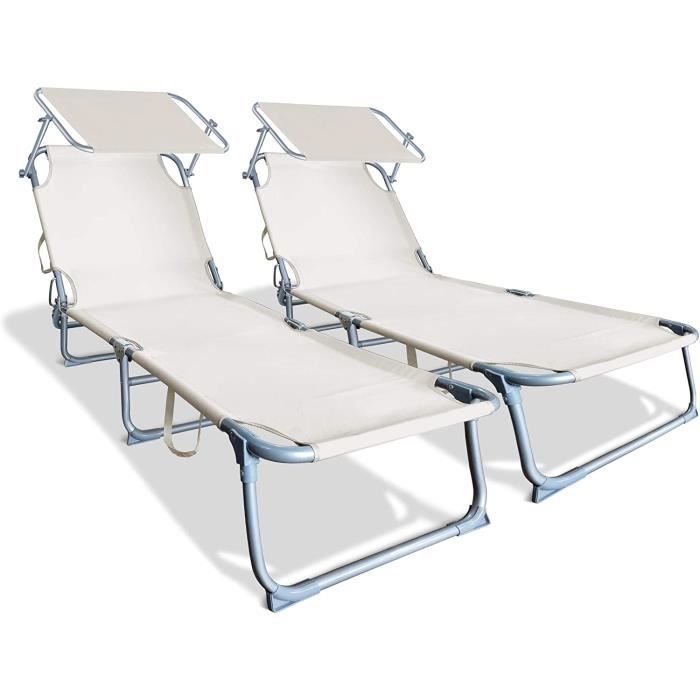 Vounot® 2 Chaises Longues Pliables Avec Parasol Intégré - Transat Textilène Inclinable Max 110kg Pour Jardin Et Plage