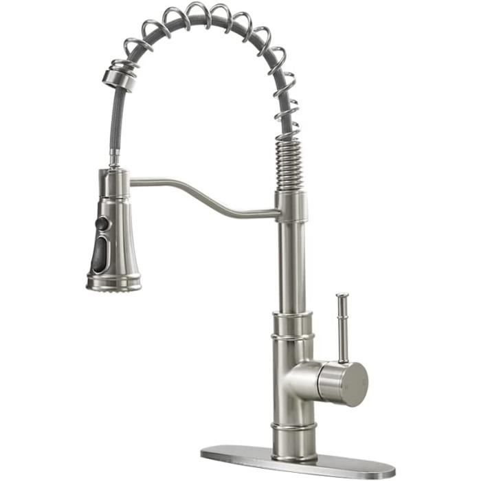 Robinet De Cuisine Commercial Professionnel – Brossé, Avec Pulvérisateur Extractible Et Bec Orientable