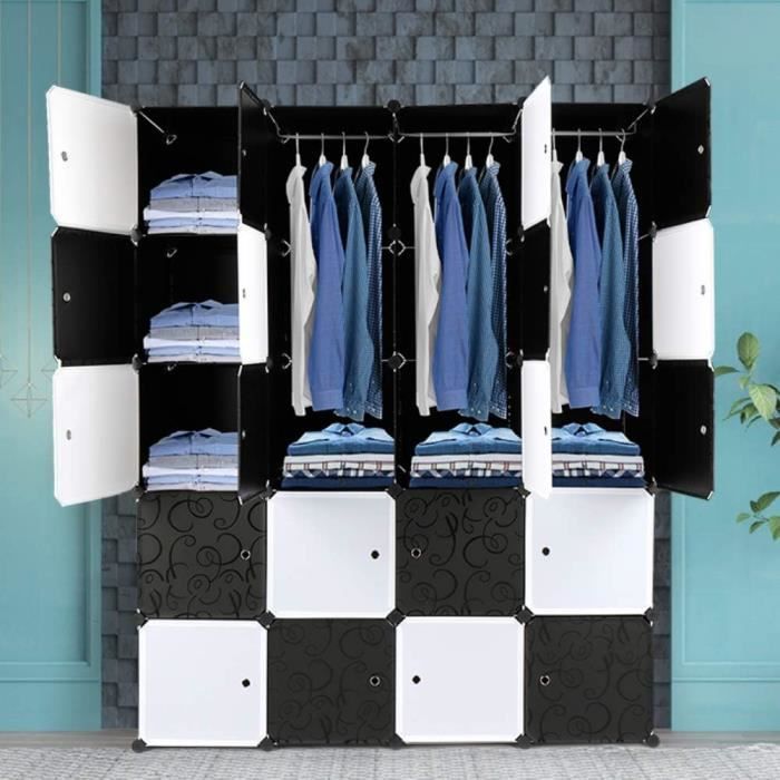 Armoire Penderie Modulable 12 Cubes - Rangement Plastique Empilable, Portes, étagères (blanc)
