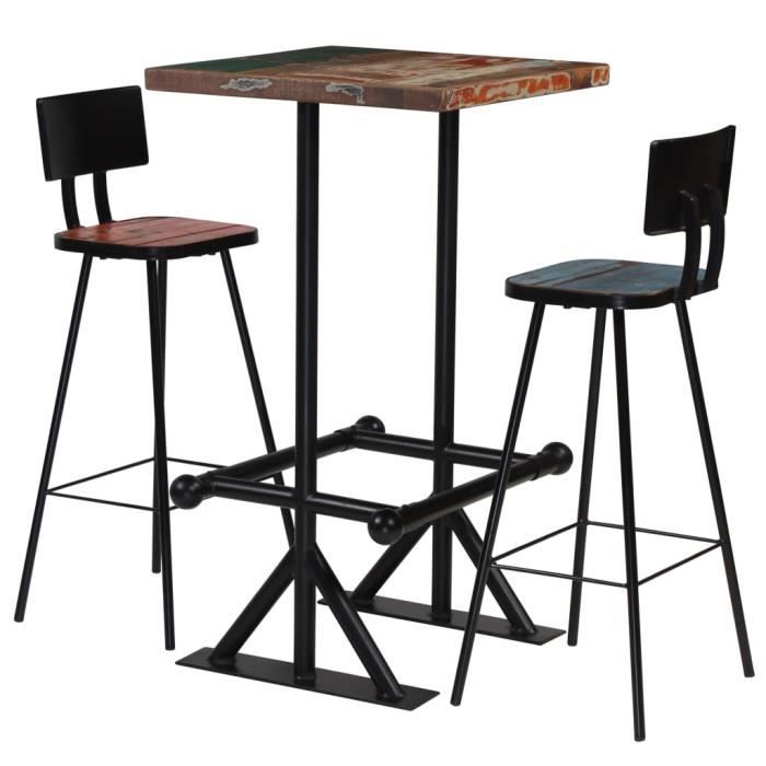 table et chaises de bar - bar- 1 table et 2 chaises- bois de récupération massif multicolore