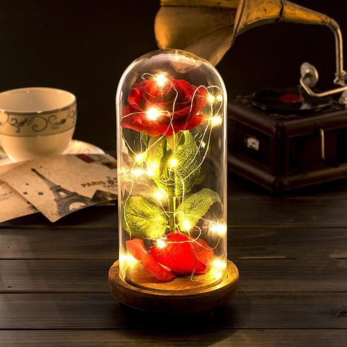 Rose Eternelle - La Belle et la Bête - Lampe LED - Couvercle Verre - Base Bois - Rouge