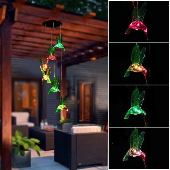 Carillon à vent Solaire Colibris LED Lumière Changeant de Couleur Lampe Solaire Oiseau-mouche pour Jardin Patio Porch Mobile