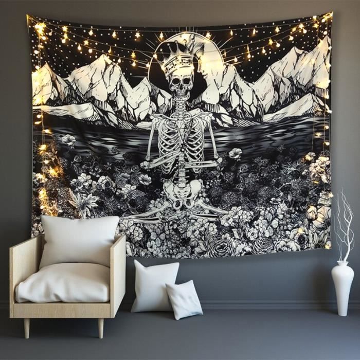 Tapisserie Tête De Mort Gothique Œil Mystique – Noir Et Blanc Esthétique, Format XXL 210x150 Cm, Déco Murale Chambre Salon Boho Punk