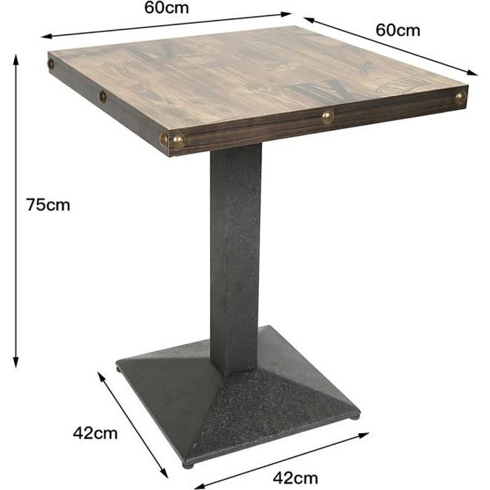 table de bistrot carrée 60 x 60cm - qian - style retro - bois et métal - hauteur 75cm