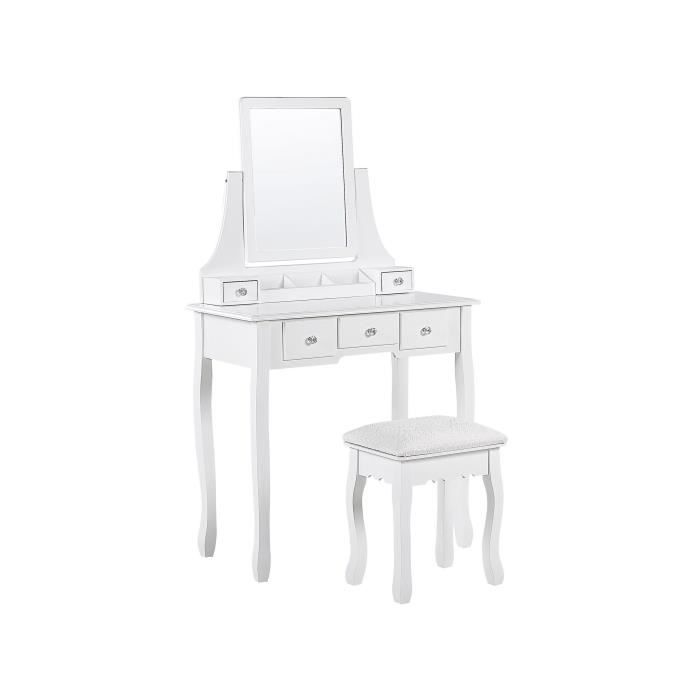 Coiffeuse blanche 5 tiroirs avec miroir et tabouret RAYON Coiffeuse blanche 5 tiroirs avec miroir et tabouret RAYON