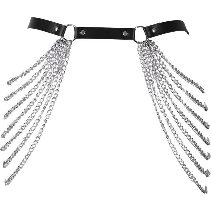 Diogeynu Chaîne de corps réglable pour homme - Bijoux punk - Ceinture de poitrine - Accessoires de costume - Chaîne pour femme - Collier argenté pour homme et homme - Cuir noir Diogeynu Chaîne de corps réglable pour homme - Bijoux punk - Ceinture de poitrine - Accessoires de costume - Chaîne pour femme - Collier argenté pour homme et homme - Cuir noir