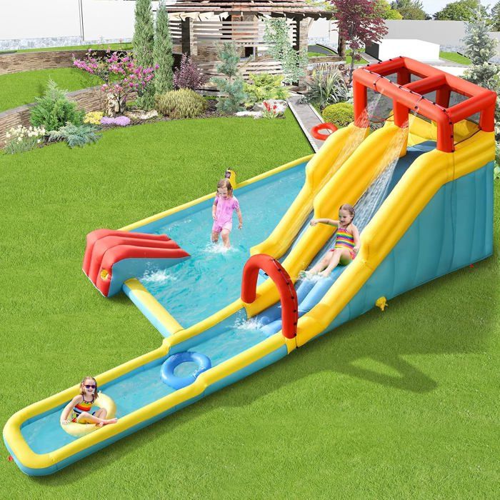 Toboggan Aquatique Double 480x140 Cm – Avec 2 Planches Et Arroseur Intégré – Fun Été Garanti