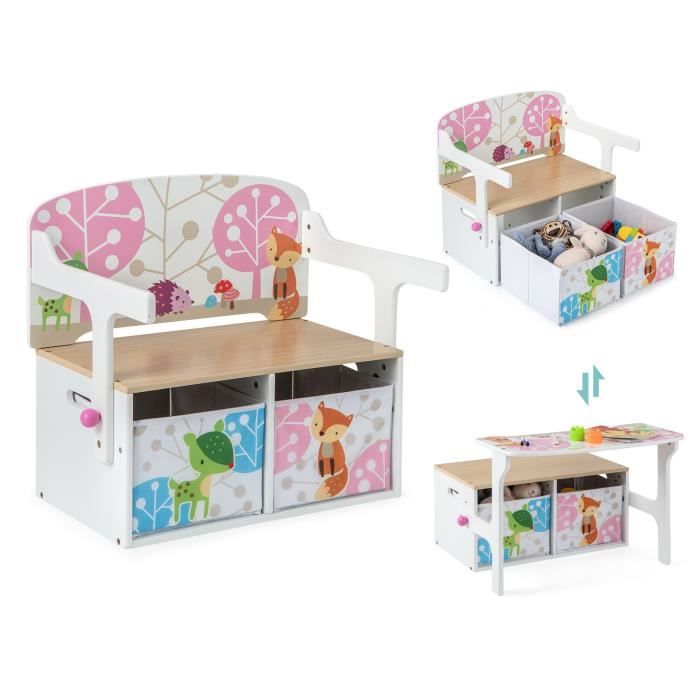 Chaise Enfants COSTWAY Convertible à Ensemble Table et Banc Fonction de Rangement 2 Bacs en Tissu Amovibles Blanc