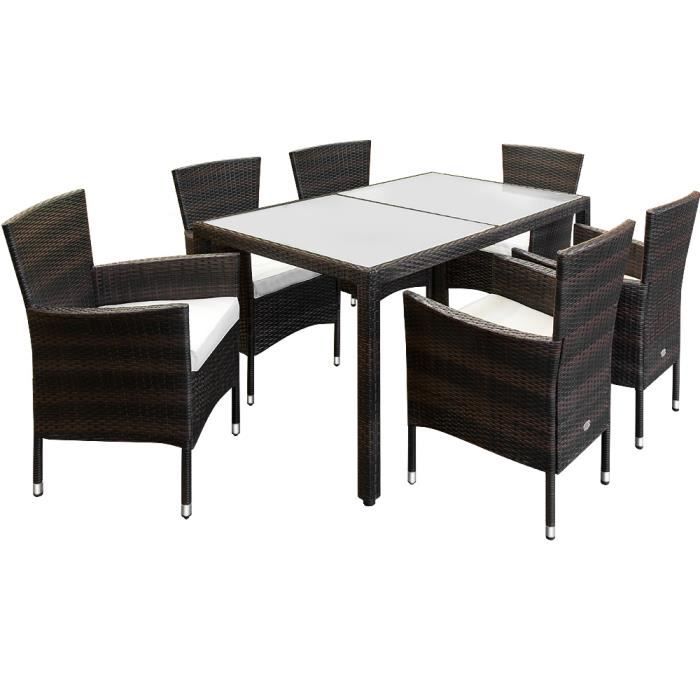 Deuba Salon de jardin en polyrotin brun crème Ensemble table et chaises 6 personnes 