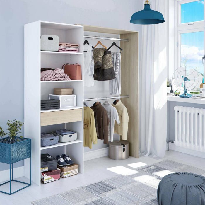 Dmora - Grande armoire Easton 158x40h187 cm Blanc Chêne Panneau effet bois Dmora - Grande armoire Easton 158x40h187 cm Blanc Chêne Panneau effet bois