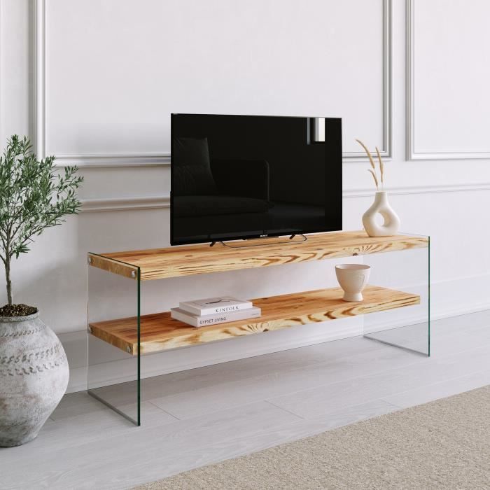 meuble tv - emob - locelso - bois massif - verre trempé - blanc et chêne