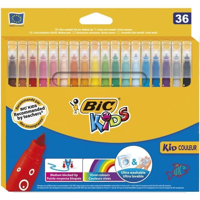 BIC Kids Kid Couleur Feutres de Coloriage à Pointe Moyenne - Couleurs Assorties, Etui Carton de 36
